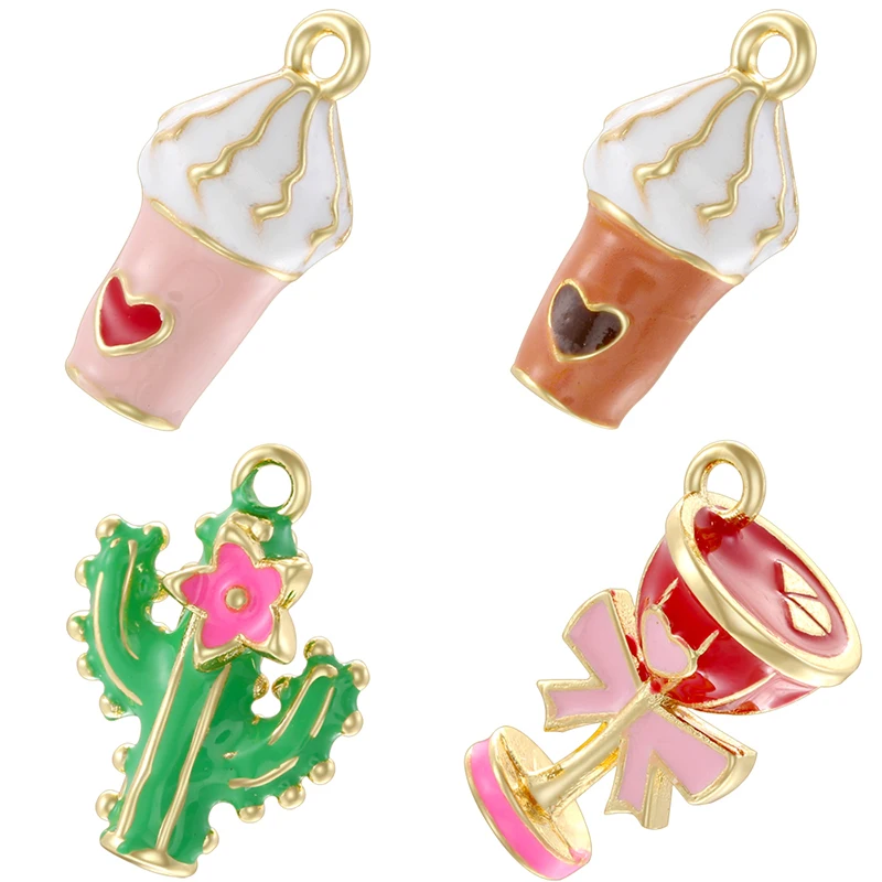 Painted Ice Cream/Small Wine Glass Charm Enamel Drip Oil Brass Material Pendant Food Theme DIY Jewelry Making Accessories:VD2355