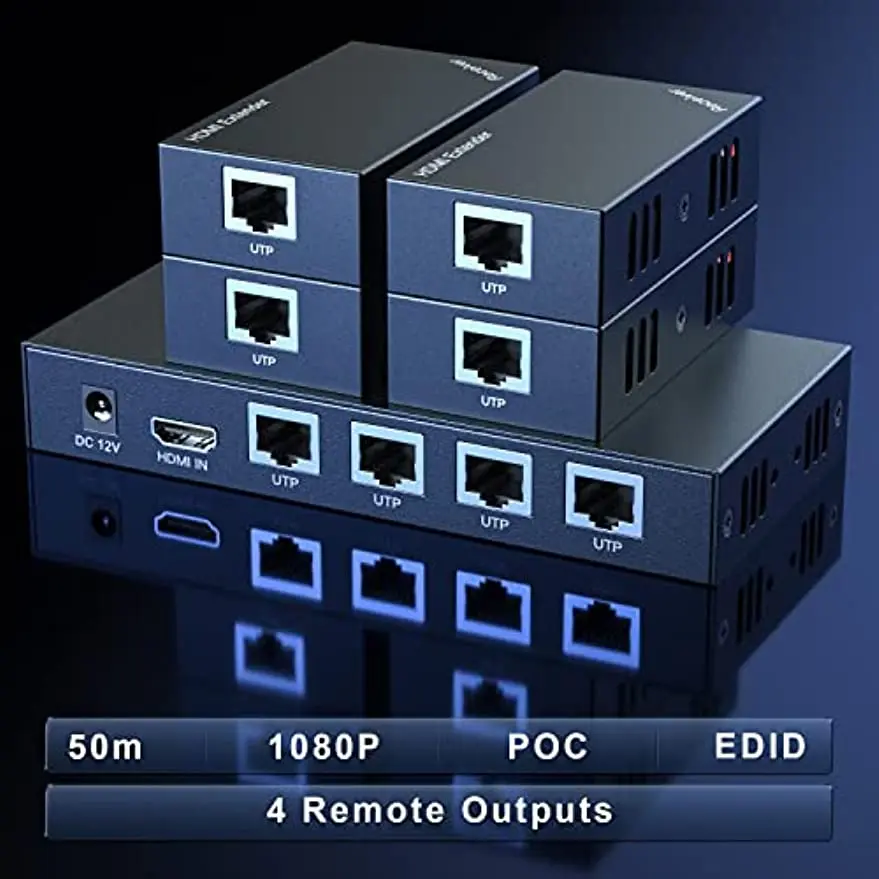 HDMI Extender Splitter 1x4 1080P@60Hz Over Cat 5E/6/7 Ethernet Cable 50m (165ft) Support EDID Copy POC Function (1 in 4 Out)