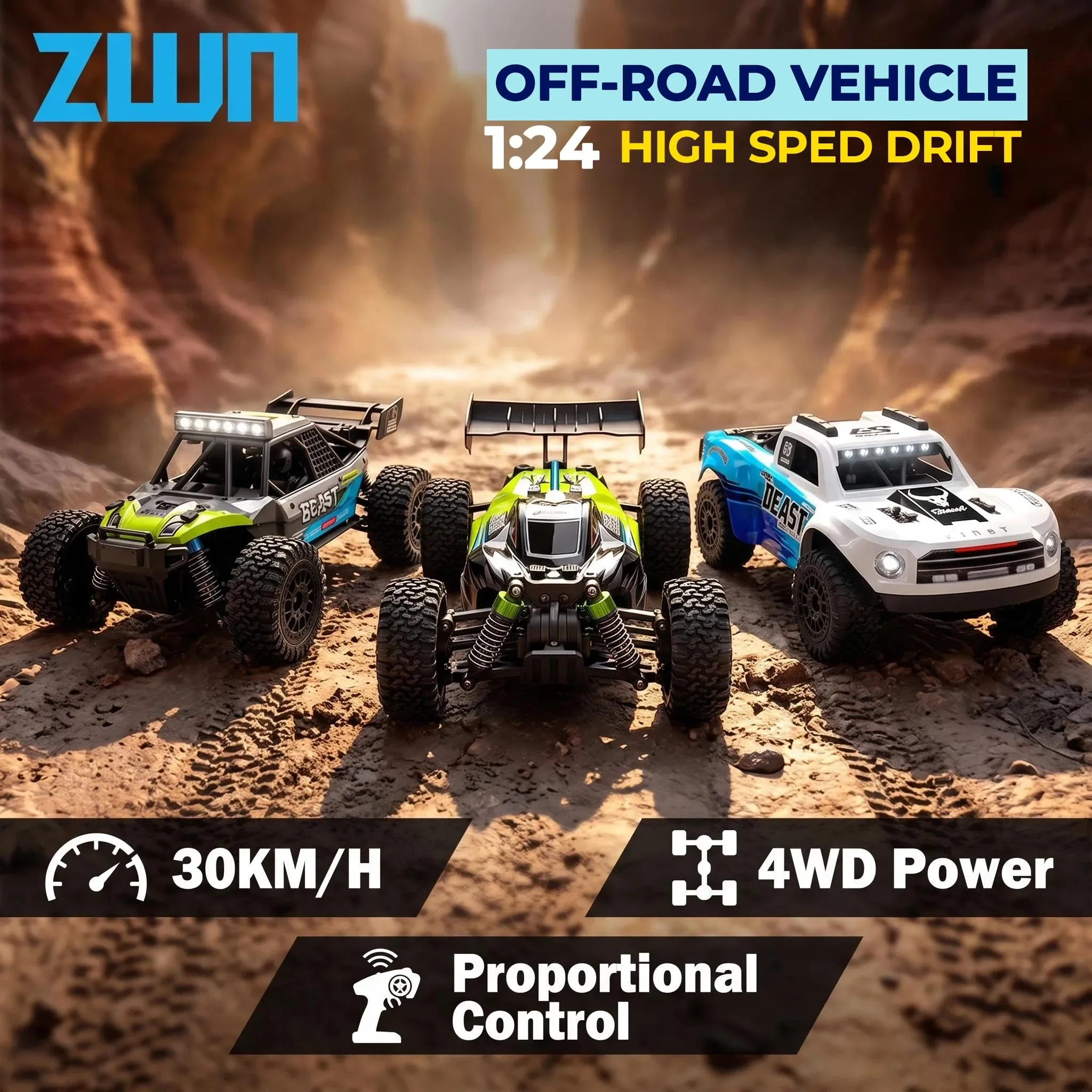 ZWN 1:24 High Speed Drift RC Car 2.4G 4WD Remote Control Car Waterproof All Terrain Off-road Vehicle Racing Model Toy For Kid