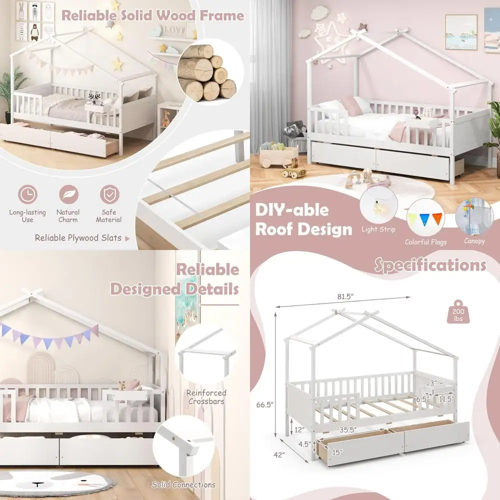 

White Twin Bed with Desk, Storage Cubes, and Rails - Suitable for Kids' Bedrooms and Living Rooms, No Box Spring Required