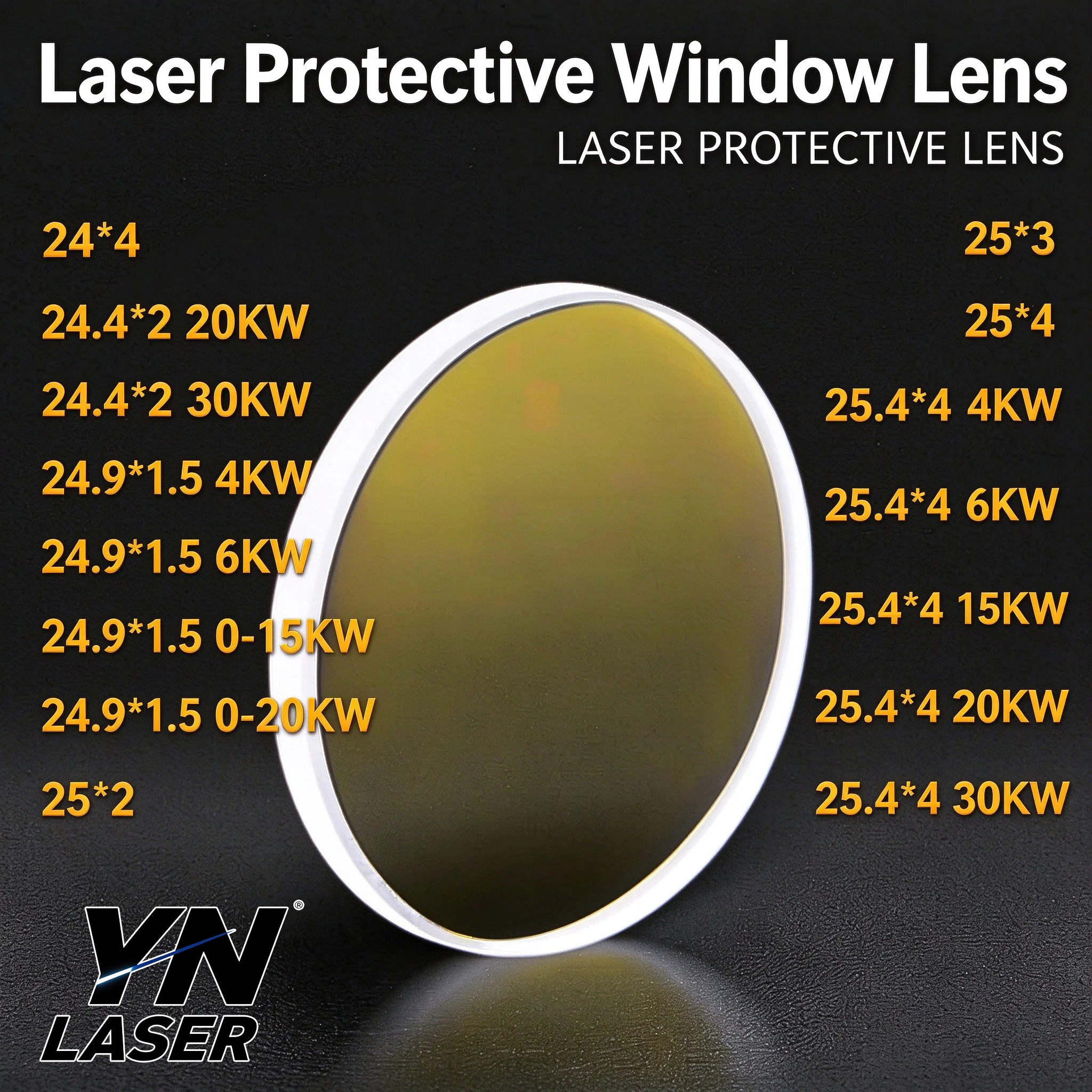 YN LASER Glass Laser Protective Lenses/Windows, Diameter 24/24.4/24.9/25/25.4 mm, 0–30 kW Fiber Laser Cutters