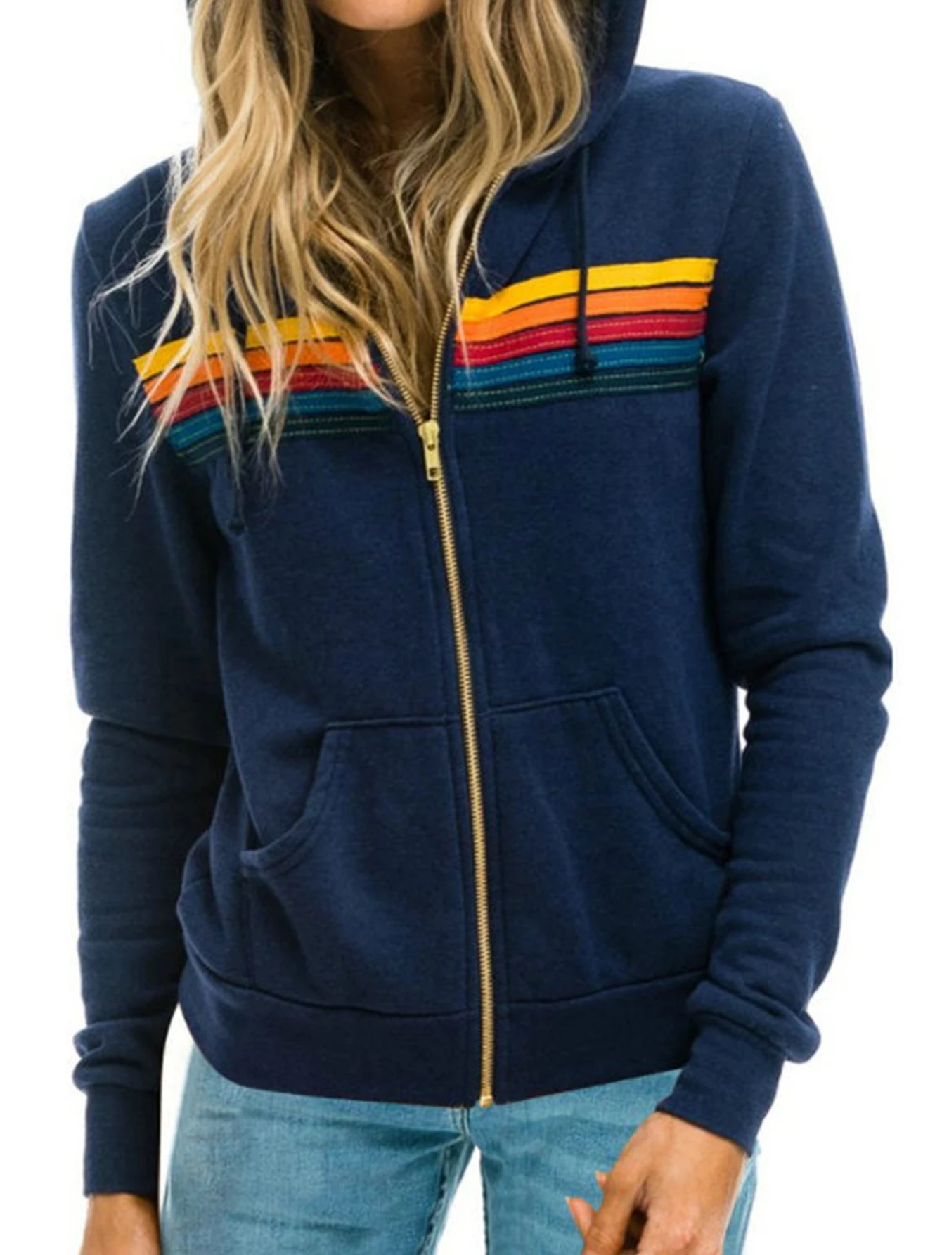 سترة نسائية بغطاء للرأس بأكمام طويلة للخريف والشتاء برباط وسحاب وجيب أمامي مرقع كاجوال أساسي بقلنسوة #1