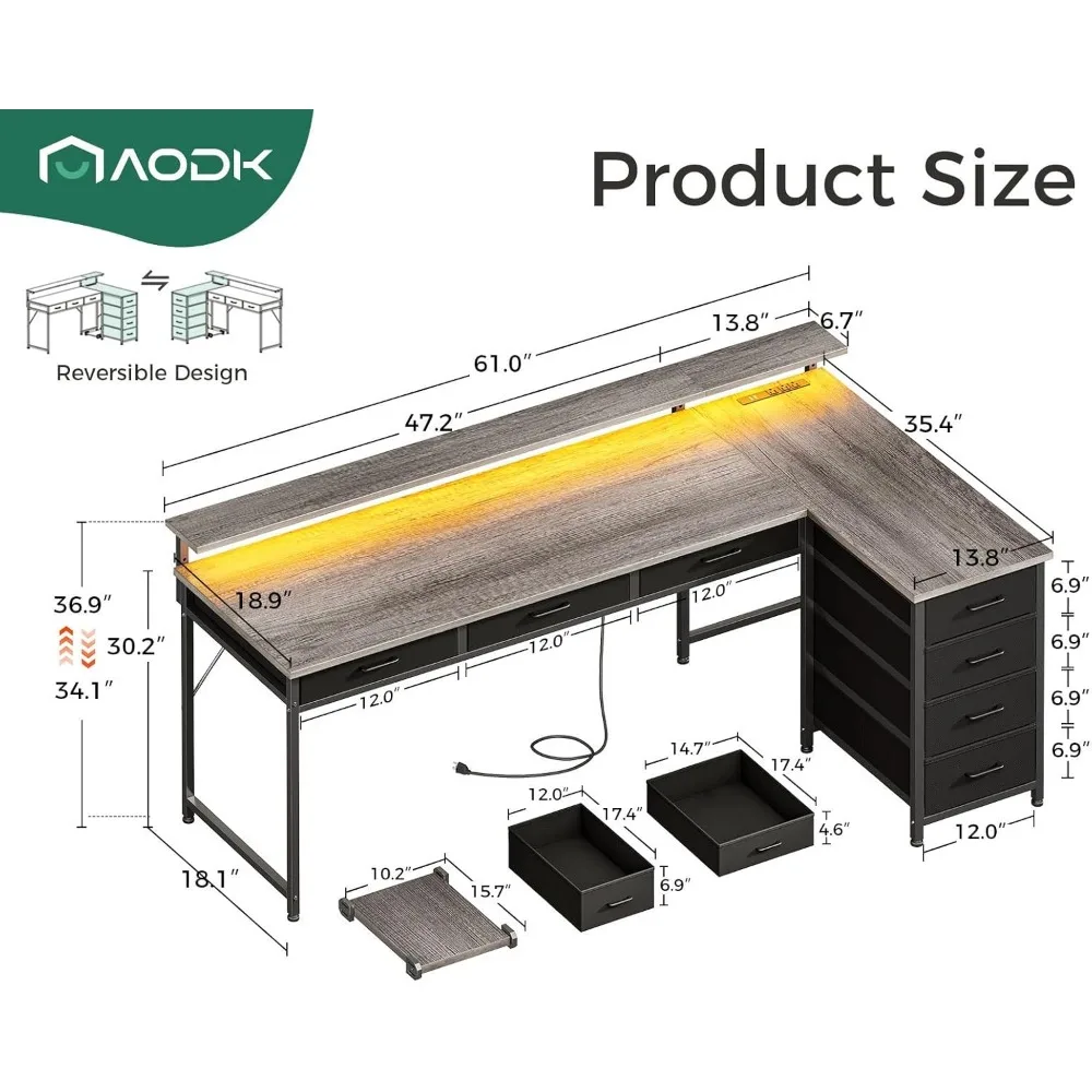 L Shaped Desk with 7 File Drawers, Gaming Desk with LED Light & Power Outlet, Reversible Home Office Desk with Monitor Shelf
