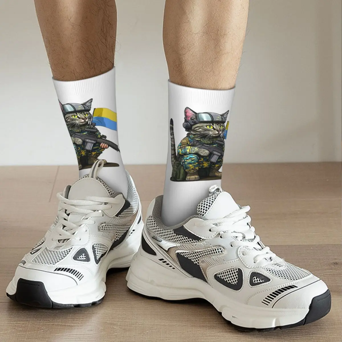 Hip Hop Cat With Flags In The War Crazy Socks Unisex Ukrainian Soldier Harajuku Pattern Printed Funny Novelty Happy Crew Sock