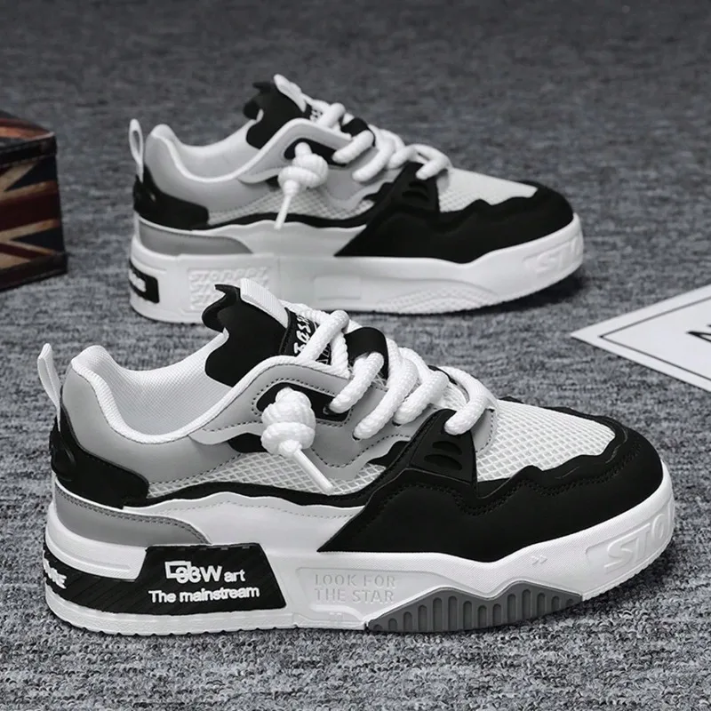New Fashion Sneakers Men's Casual Lace-Up Letter Print PU Flat Skate Shoes Non-Slip Wear-Resistant Outdoor Sports Shoe for Man