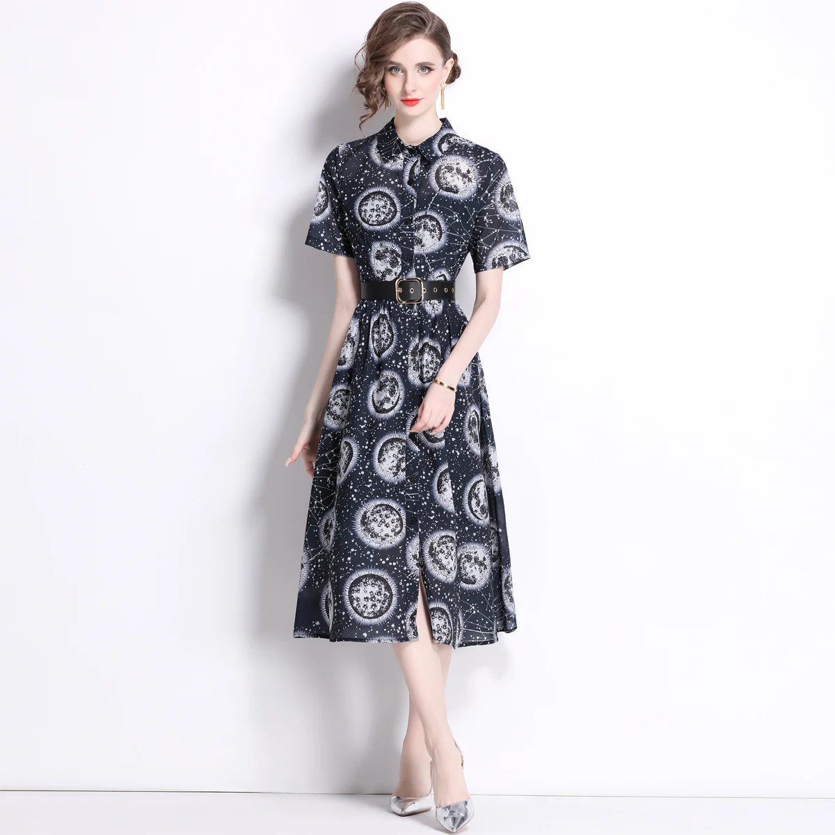 Vintage Runway Sommer hemd Kragen Kleid für Frauen Einreiher Blumen druck Kurzarm schwarz Chiffon Midi Kleid mit Gürtel