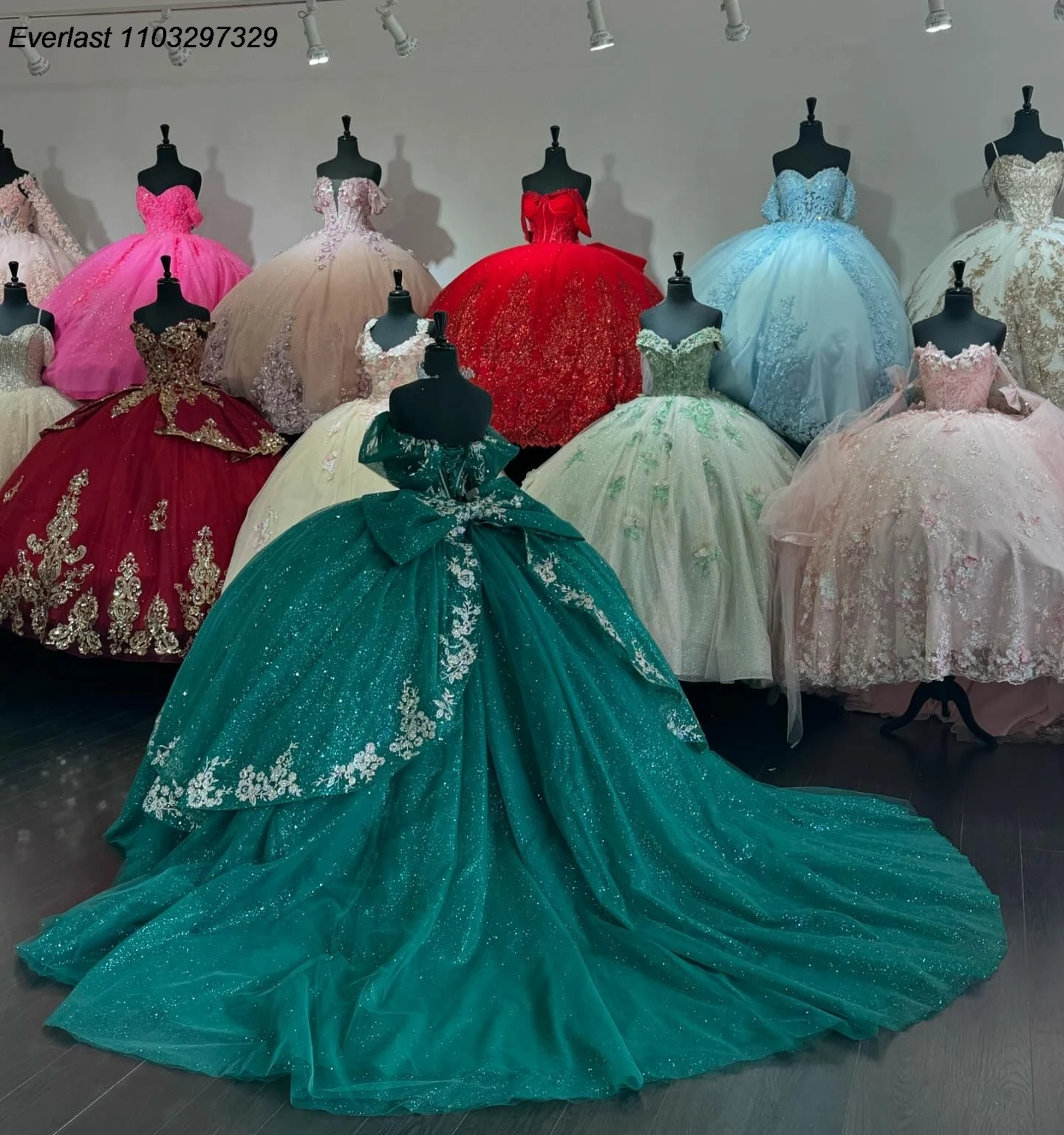 EVLAST Customized Green Quinceanera Dress Ball Gown Lace Applique Beaded Tiered Bow Corset Sweet 16 Vestido De 15 Anos QD1053