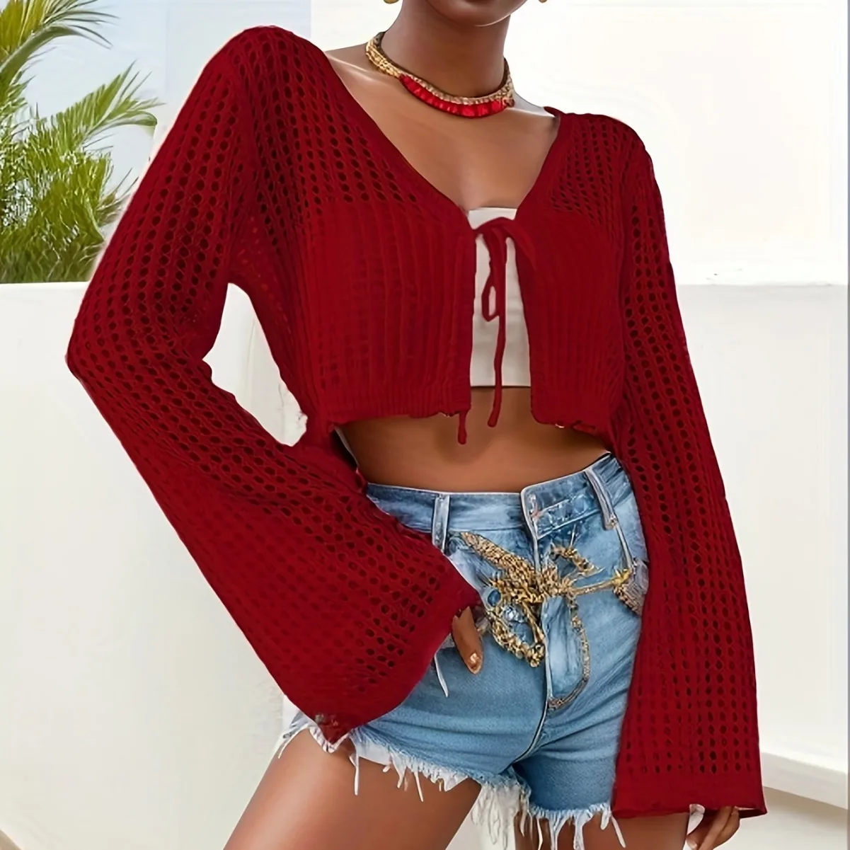 Women's Hollow Out Tie Front Crop Cardigan Sweater,Summer Tops,Women's Knit Clothing, Downtown Girl Clothes, Crochet Tops
