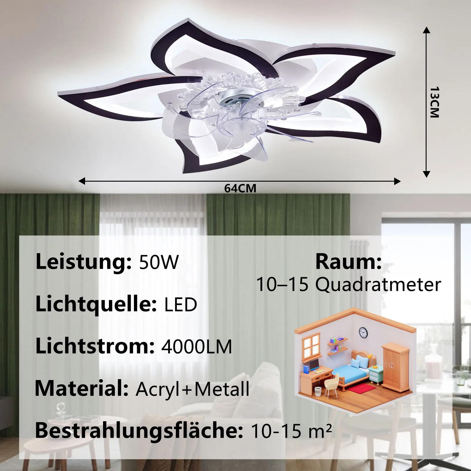 LED Leise Deckenventilator mit Beleuchtung, 50W Deckenventilator mit Licht Dimmbare Lampe mit Ventilator Wohnzimmer Küche 64cm – Detail 7