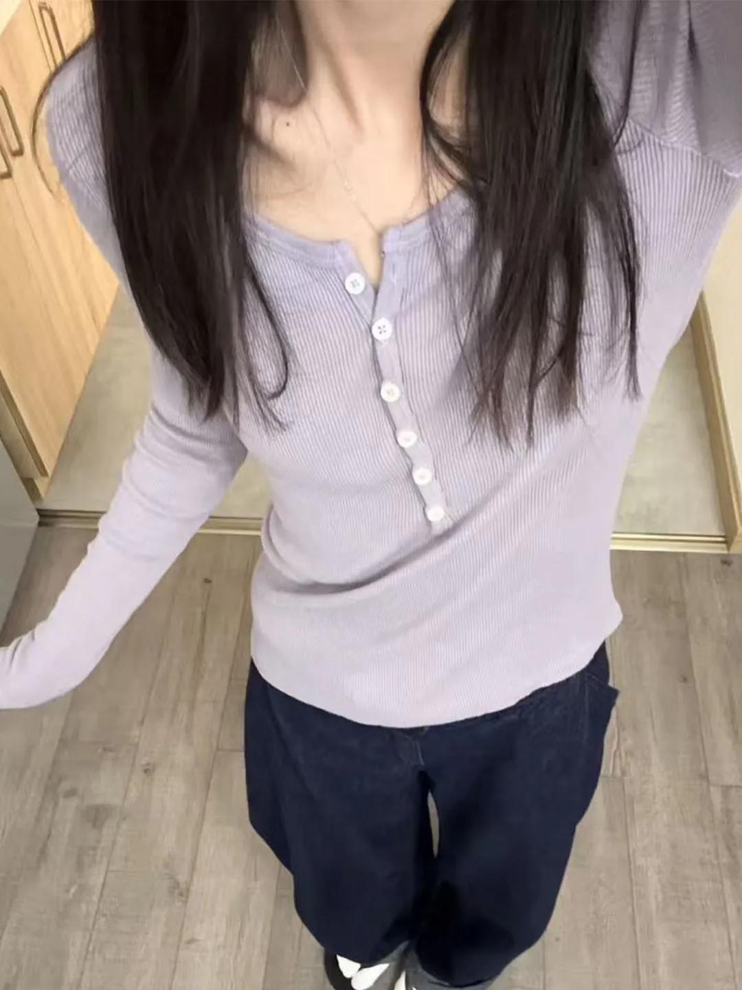 

Женская футболка Slim Fit American Sle Long Sve с круглыми пуговицами, базовый слой, модный повседневный хлопок, чистый хлопок