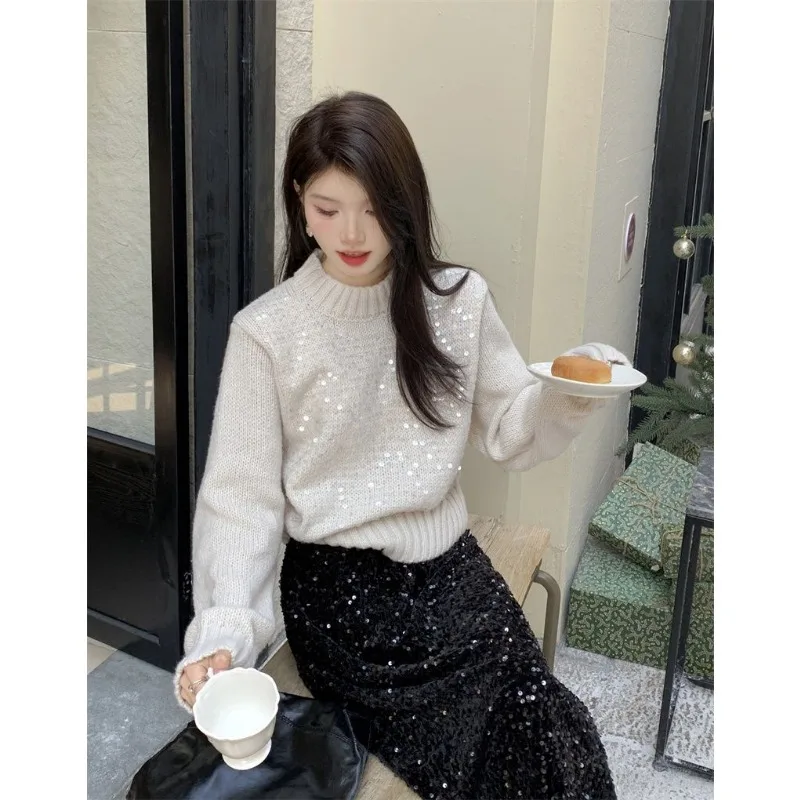 가을과 겨울 여성용 반터틀넥 시퀸 풀오버 스웨터