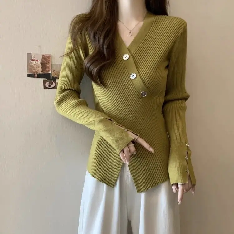 Paper Person Cross Sweater Slim Fit Irregular Pullover V-neck Knitted Sweater Women's Inner Top