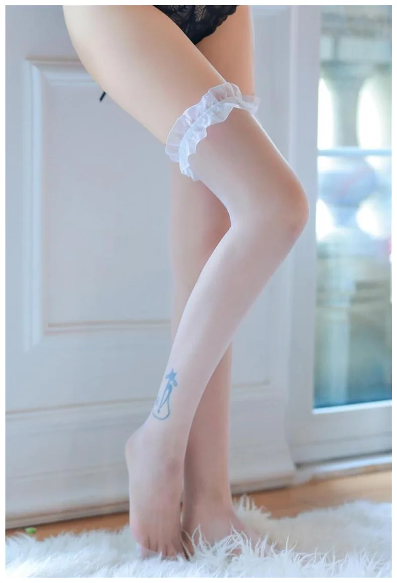 Stoking Seksi Di Atas Lutut, Stoking Tinggi Pelangsing Renda Murni Hitam dan Putih, Stoking Panjang JK, Stoking Jaring untuk Wanita