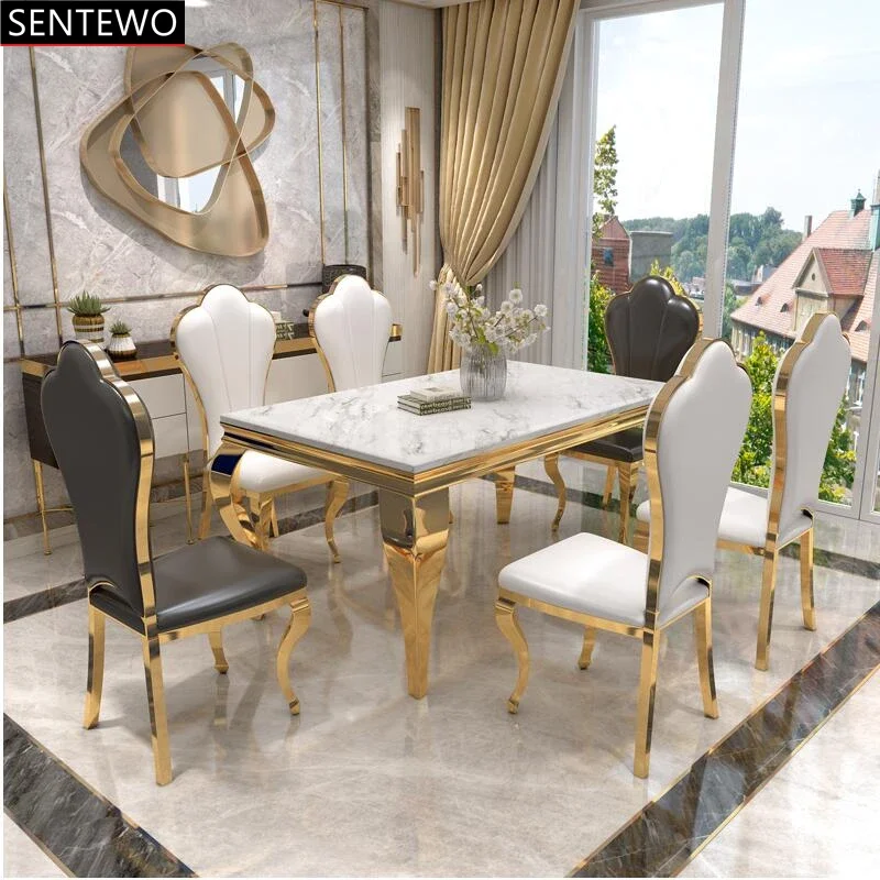 

Popular Luxury Marble Kitchen Dining Table 8 Dinner Chairs Set Stainless Steel Gold Frame Dinner Tables Chair Stolik Esstische