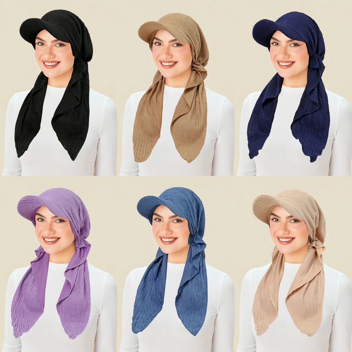 

Пуловер с полями, однотонный эластичный платок, морщинистый тюрбан с длинным хвостом, мусульманский хиджаб, женский предварительно завязанный головной убор, капот, козырек