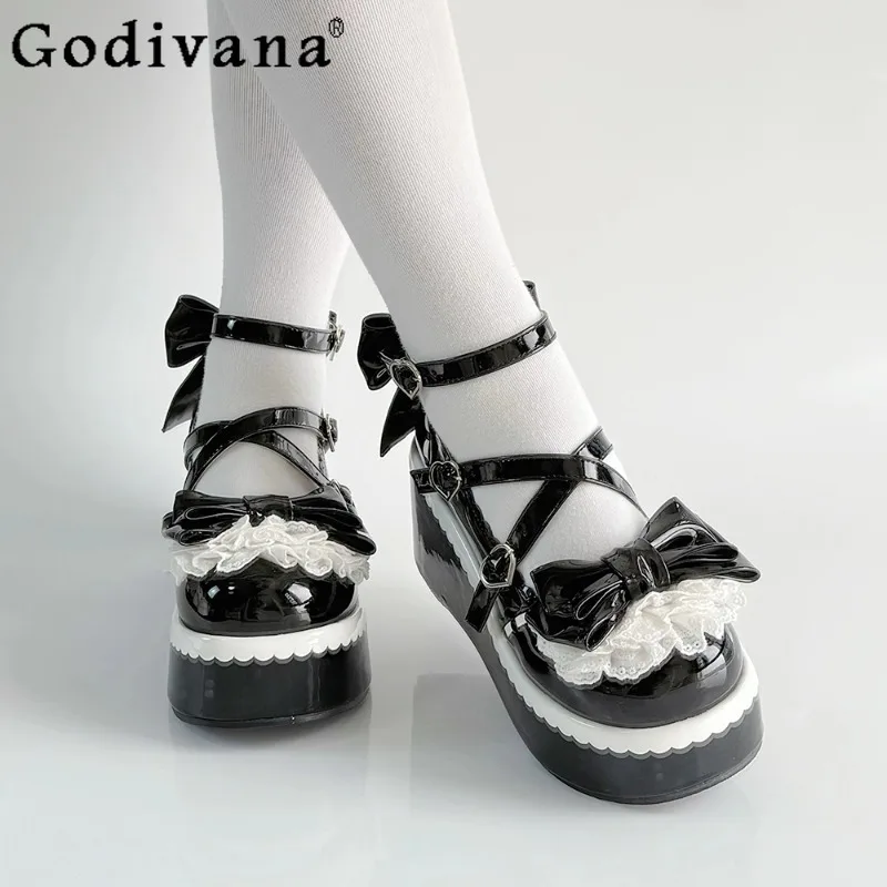 Scarpe da donna dolci con fiocco con plateau Lolita Scarpe da donna carine con tacco alto stile giapponese Scarpe Lolita rosa blu primavera estate femminile