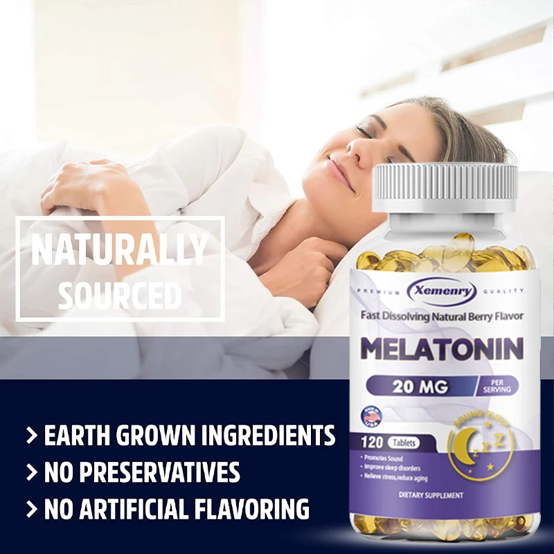 Melatonin Softgels, Optimal Sleep Time Triple Action Calms The Mind and Helps You Fall Asleep Faster, 20 Mg, 120 Capsules