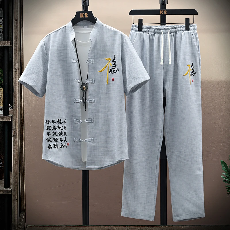 

2026 Men's Casual Sets Shirts + Pants single-breasted Sportswear Chinese style two-piece set short sleeves shirts and trousers