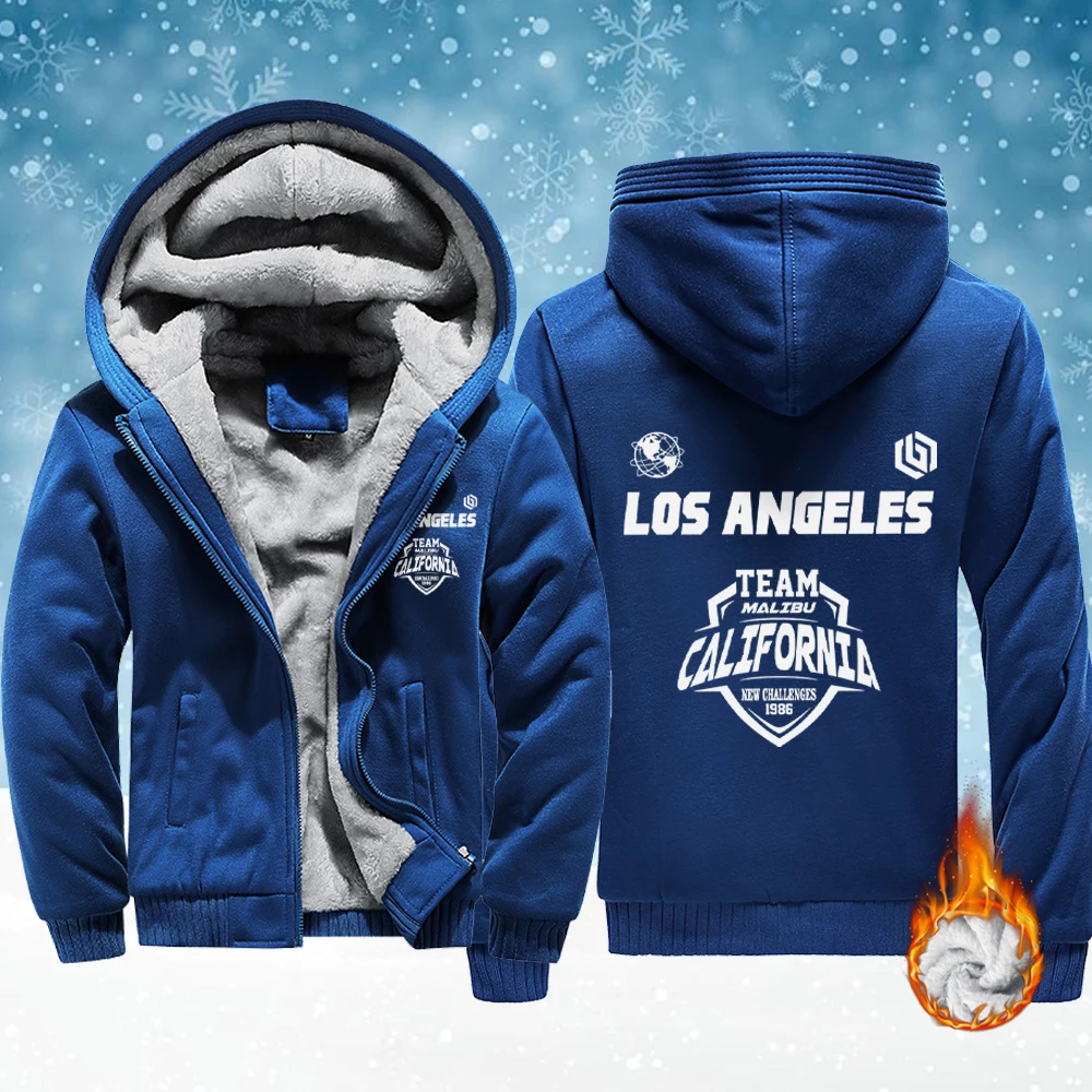 

Los Angeles California Team Printed Men Fleece Soft Jacket Thicken Warm Outwear Comfy Winter Casual Hoodie Zip-Up Pocket Veste