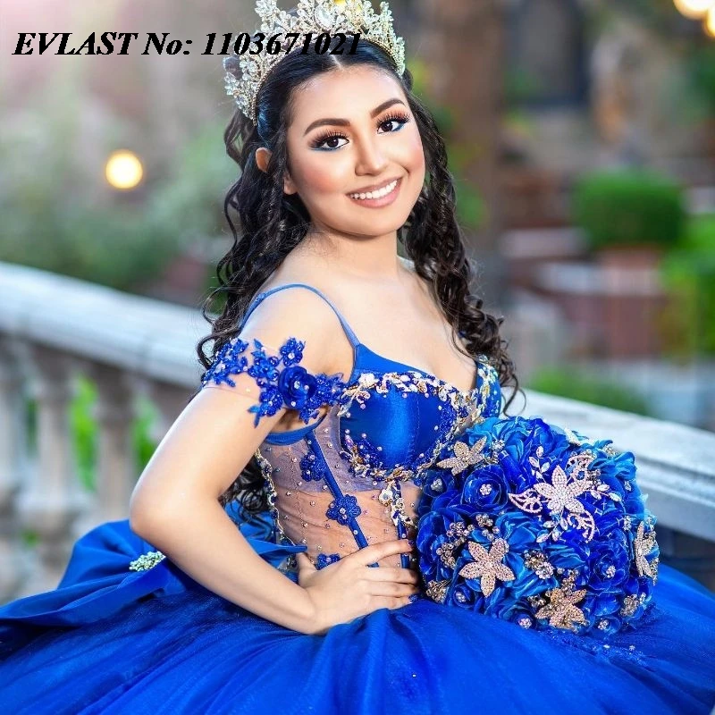 EVLAST, мексиканское Королевское синее бальное платье, платье Quinceanera, Кружевная аппликация, украшенная бисером, бриллианты, милое платье 16 дюймов, SQ200