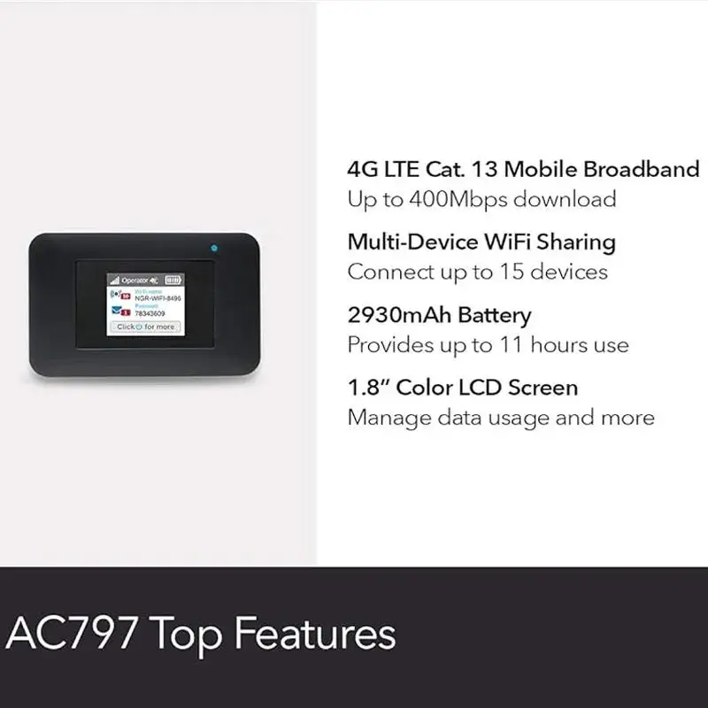 Unlocked NETGEAR AC797S 4G LTE Router 400Mbps Dual-Band Pocket Hotspot 1.77\