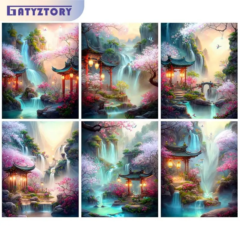 GATYZTORY 20x30cm Paint By Numbers Pavilion Waterfull Landscape Home Decors Unique Gift Adults Crafts Pictures By Numbers Paint