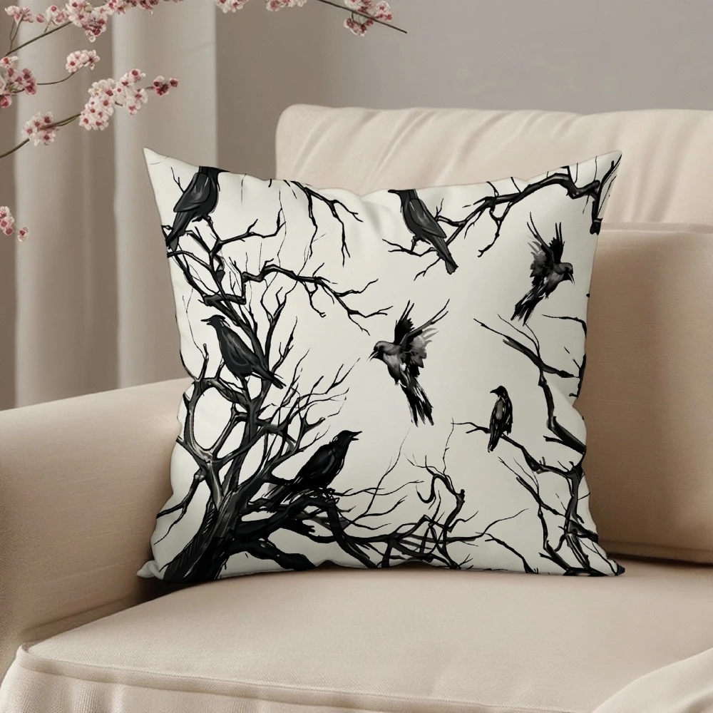 Square Throw Pillow Case Cream White Black Birds On Bare Branches Print Decorative Cushion Cover For Living Room Sofa Bedroom Ho