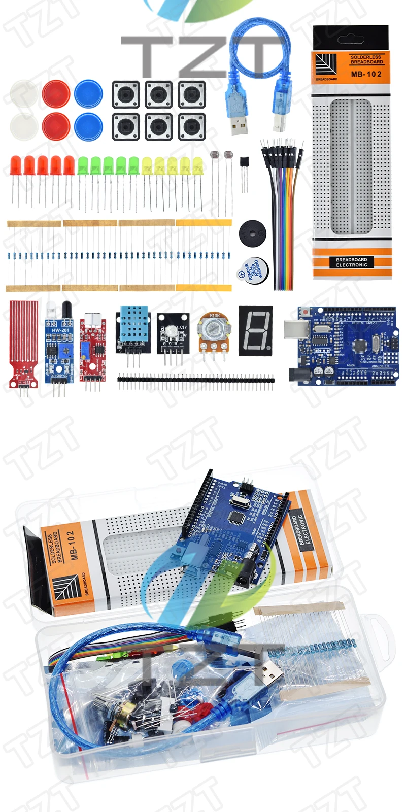 TZTUNO R3 Starter Kit für Arduino UnoR3 Breadboard Basis-Lernkit, LED-Steuerung zur Erkennung von Ton-/Wasserstands-/Feuchtigkeits-/Entfernungen – Detail 3