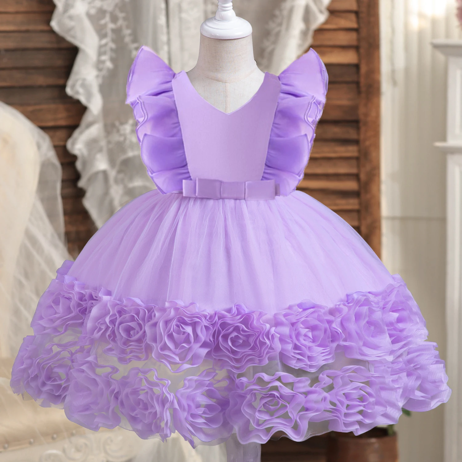 3D Flower Girls Party Dresses for Wedding Baby Girl Flying Sleeves 1st Birthday Baptism Puffy Gown Ceremony Tulle Princess Dress