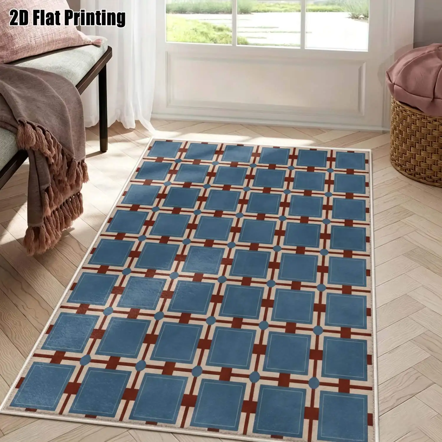 1Pc 2D Printed Velvet Carpet, Blue Brown Geometric Nordic Vintage Modern Minimalist Style, Machine Washable, Multi-Size, for Entrance/Dining/Bedroom/Living Room Home Decor