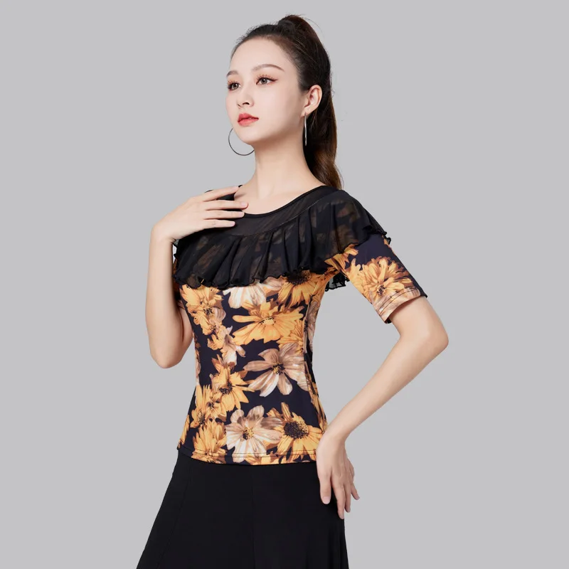 Modern Dance Top donna Adult Ballroom Dance New Crystal Cotton Print Costume da ballo latino