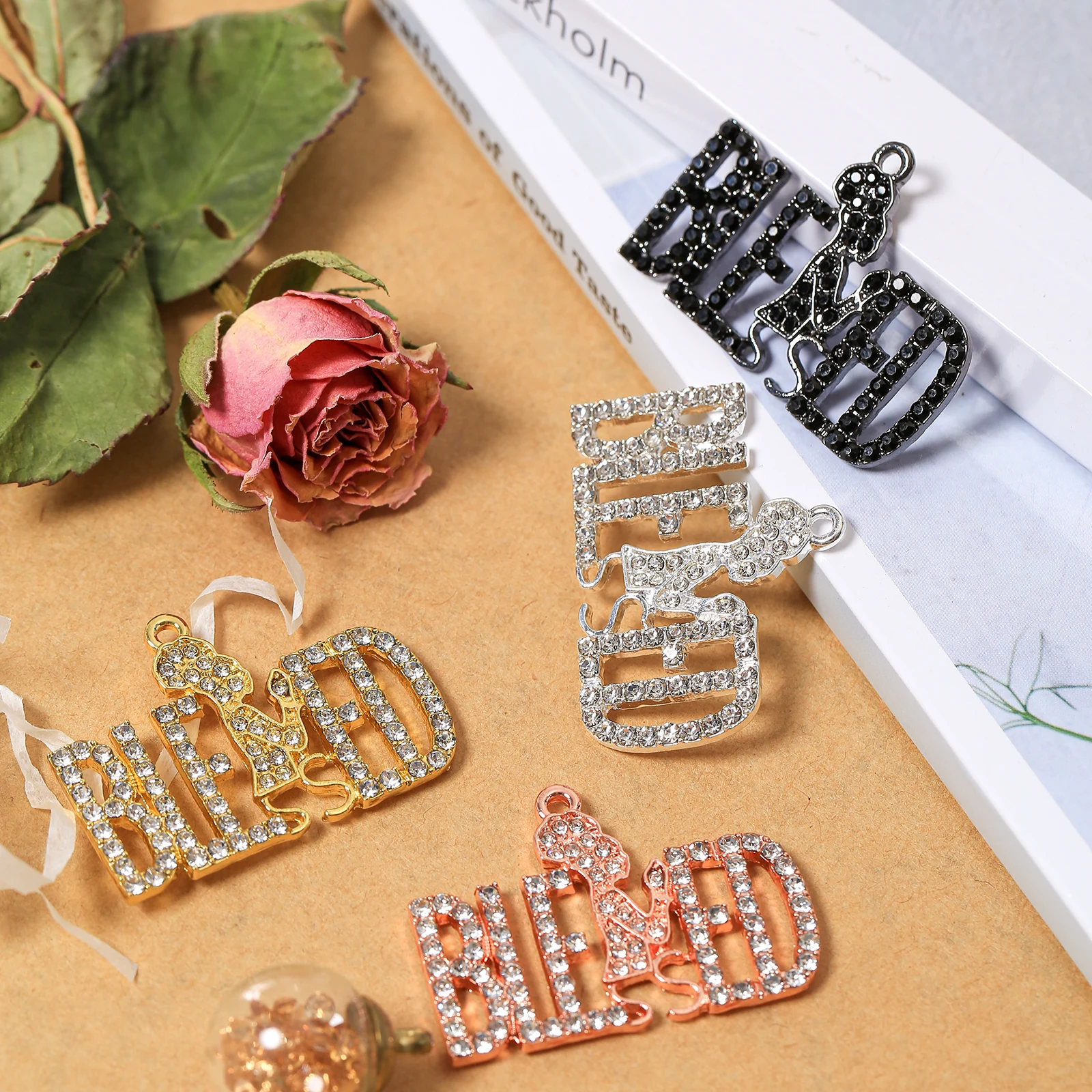 10pcs BLESSED Rhinestone Letter Charms for DIY Bracelet Bangle Making LTC0391-LTC0394