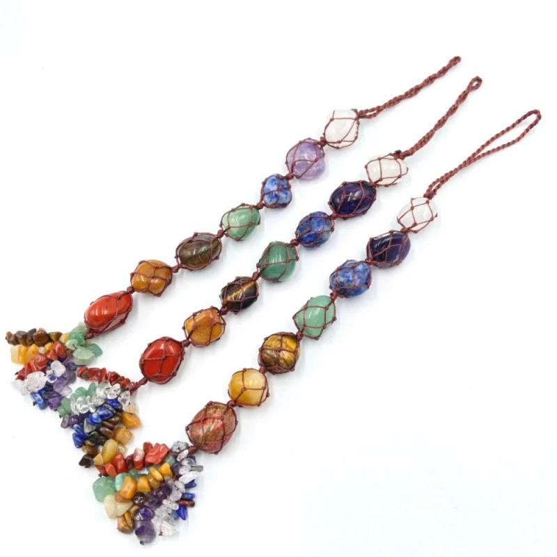 Hand-Woven Irregular Natural Stone Pendant Ethnic Seven Chakras Car Pendant Colorfull Crystal Car Hanging Cross-Border Wholesale