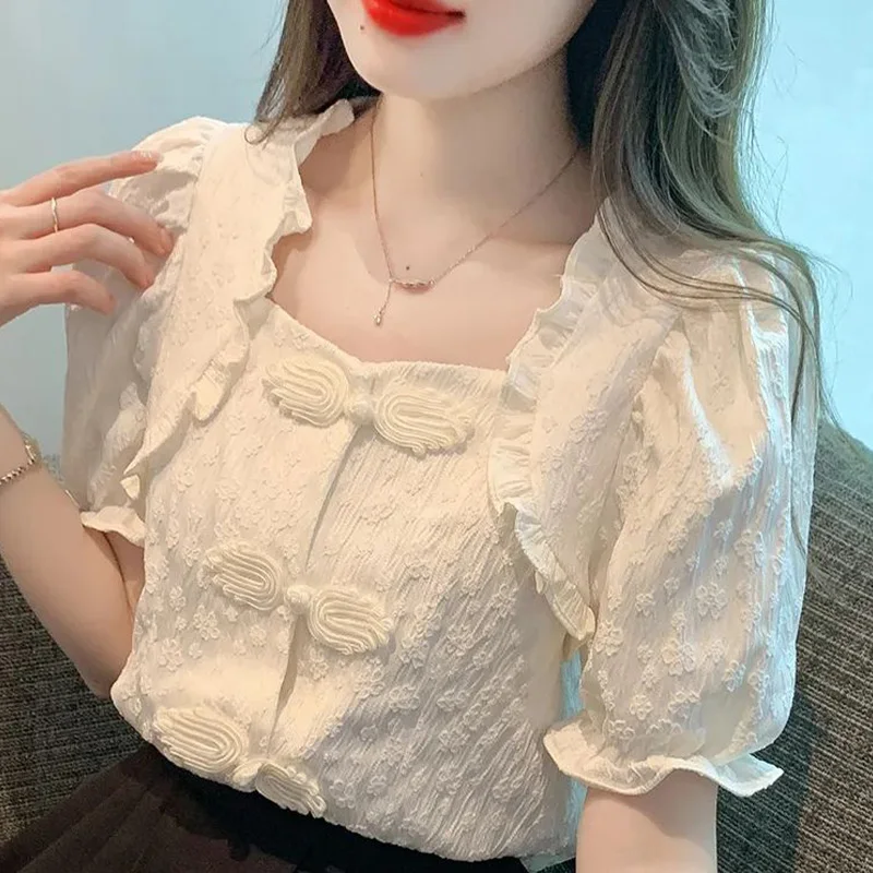 New Chinese Style Retro Unique Waist Cinched Bubble Sleeve Shirt for Women\'s Summer Wooden Ear Edge Square Neck Trendy Shirt Top