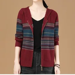 Women's Hooded Collar Patchwork Sweater Loose Striped New Spring and Autumn Zipper Long Sleeve Casual Knitted Cardigan Coat