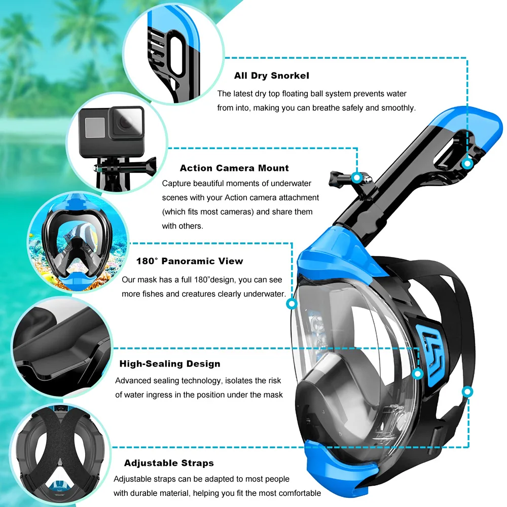 Full Face Snorkel Mask with Latest Dry Top Breathing System Detachable Camera Mount for Adults Panoramic View Anti-Leak Anti-Fog