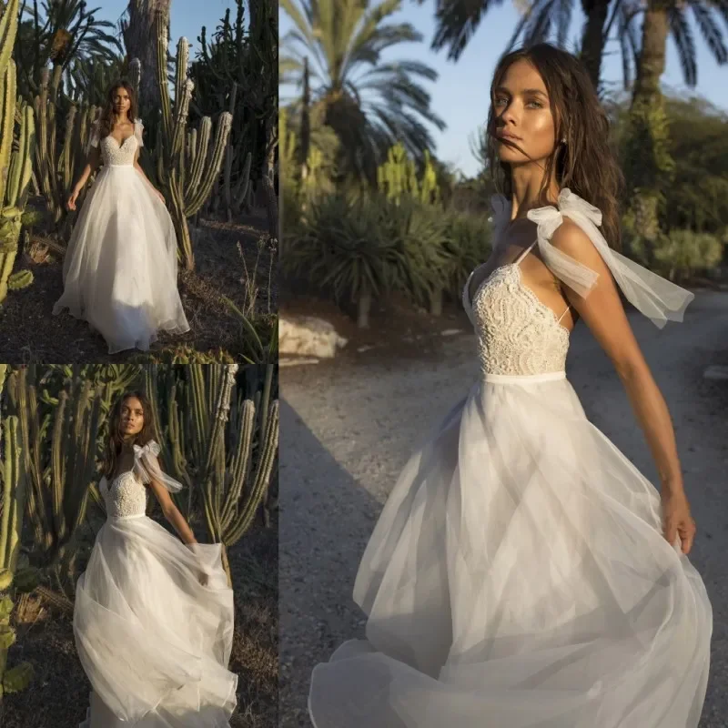 New elegant Bohemian A-line sexy V-neck Italian shoulder backless split wedding beach field photography bridal party dress