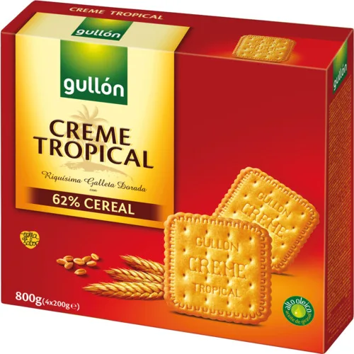 GULLON CREME TROPICAL Galletas dorada con cereales caja 800 g - Pack 3 Unidades TOTAL 2.4kg