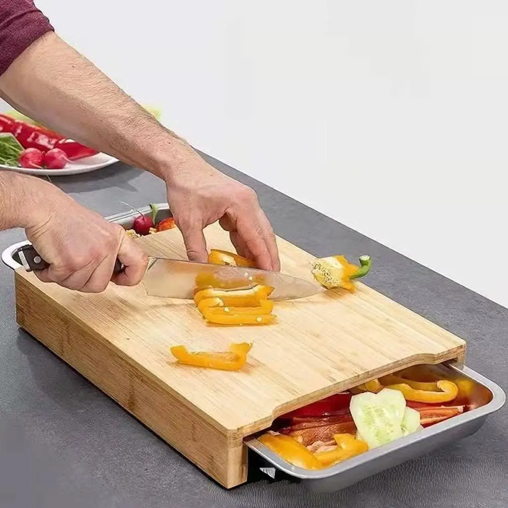 

Bamboo Cutting Board With Stainless Steel Storage Hidden Out Tool Tray 2 With Non-Slip Easy Kitchen Slide Cleaning Drawers R2L4