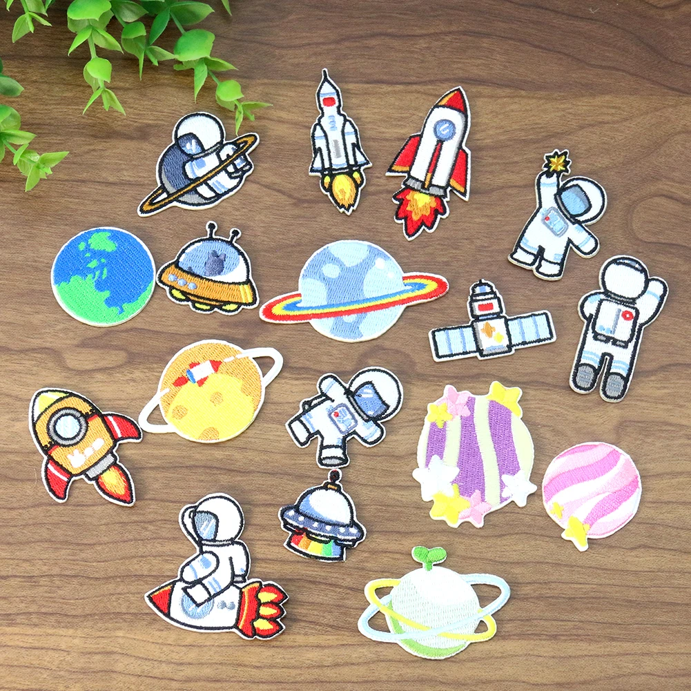 16PCS Assortment of Cartoon Planet Rocket Astronaut Self-adhesive Embroidery Clothes Patch Accessories Patchwork Fabric Decor