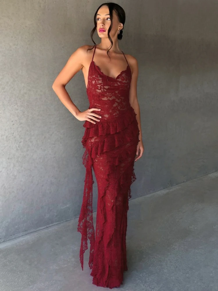 

Women's Luxury Ruffles Lace Long Dresses 2025 Summer Sexy Lady Halter Backless See-through Irregular Wedding Party Evening Dress