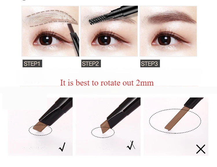 قلم حواجب دوار تلقائي برأس مزدوج مقاوم للماء ومقاوم للعرق وغير ملطخ مع فرشاة حواجب قلم ضغط للمكياج الأساسي