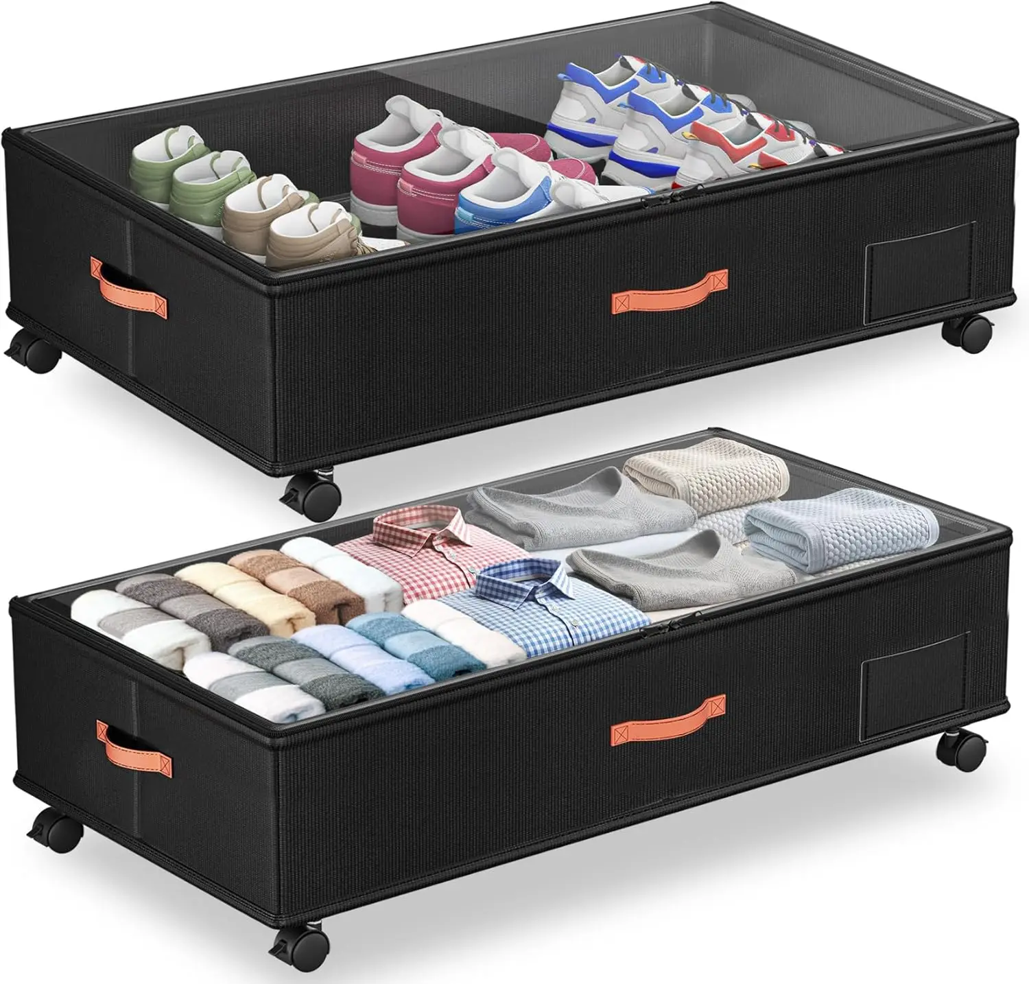 

2-Pack Under Bed Storage Containers with Clear Lids, Wheels and Handles for Clothes, Shoes, Books - Black