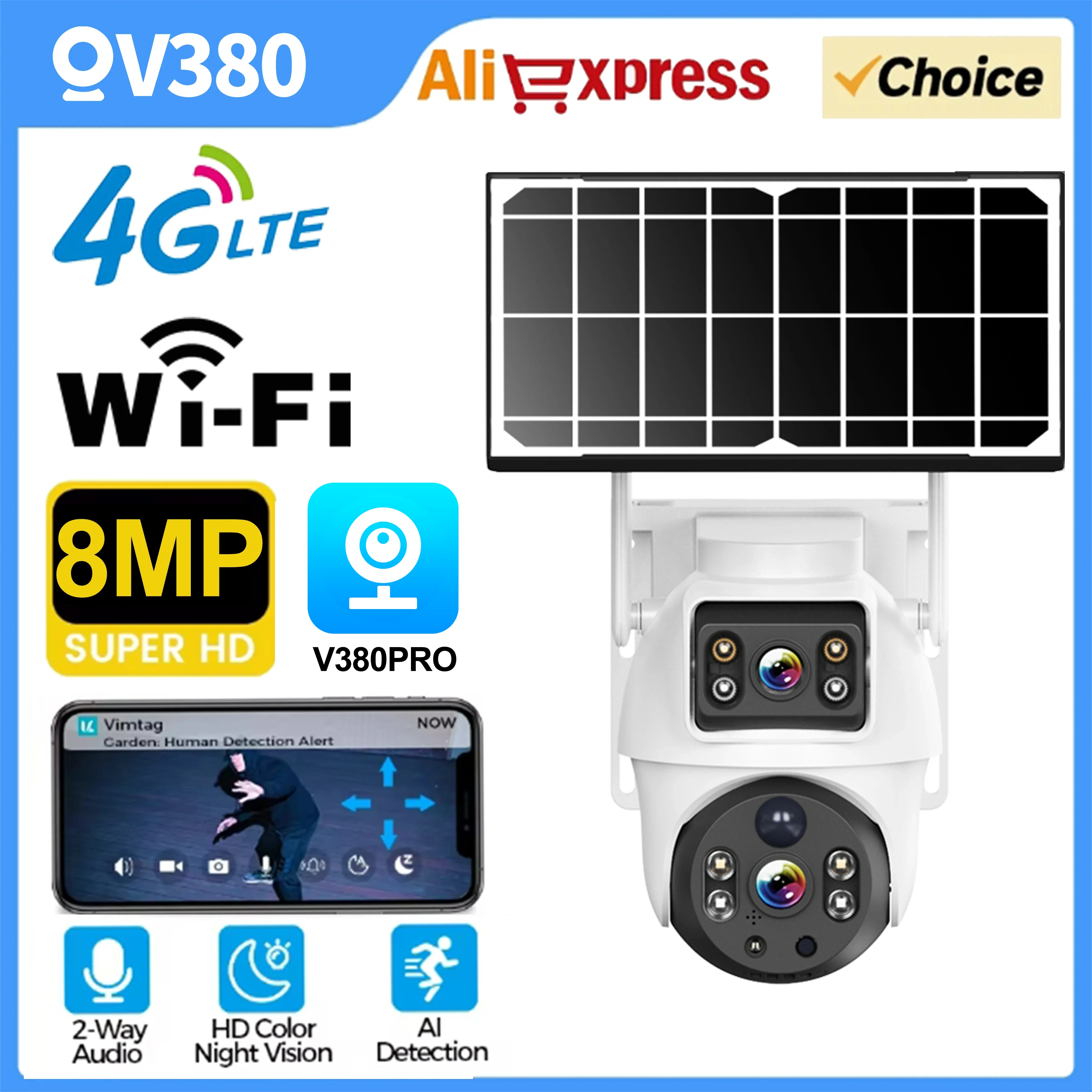 V380 Dual Lens 8MP Solar Camera WiFi / 4G Security Surveillance System 10x Zoom IP Camera with PIR Motion Detection Night Vision