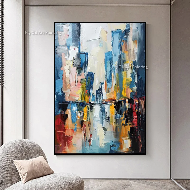 Multicolor Impasto Canvas Wall Art Abstract City Reflection Oil Painting Bright Simple Wall Art Decor For Apartment Hall