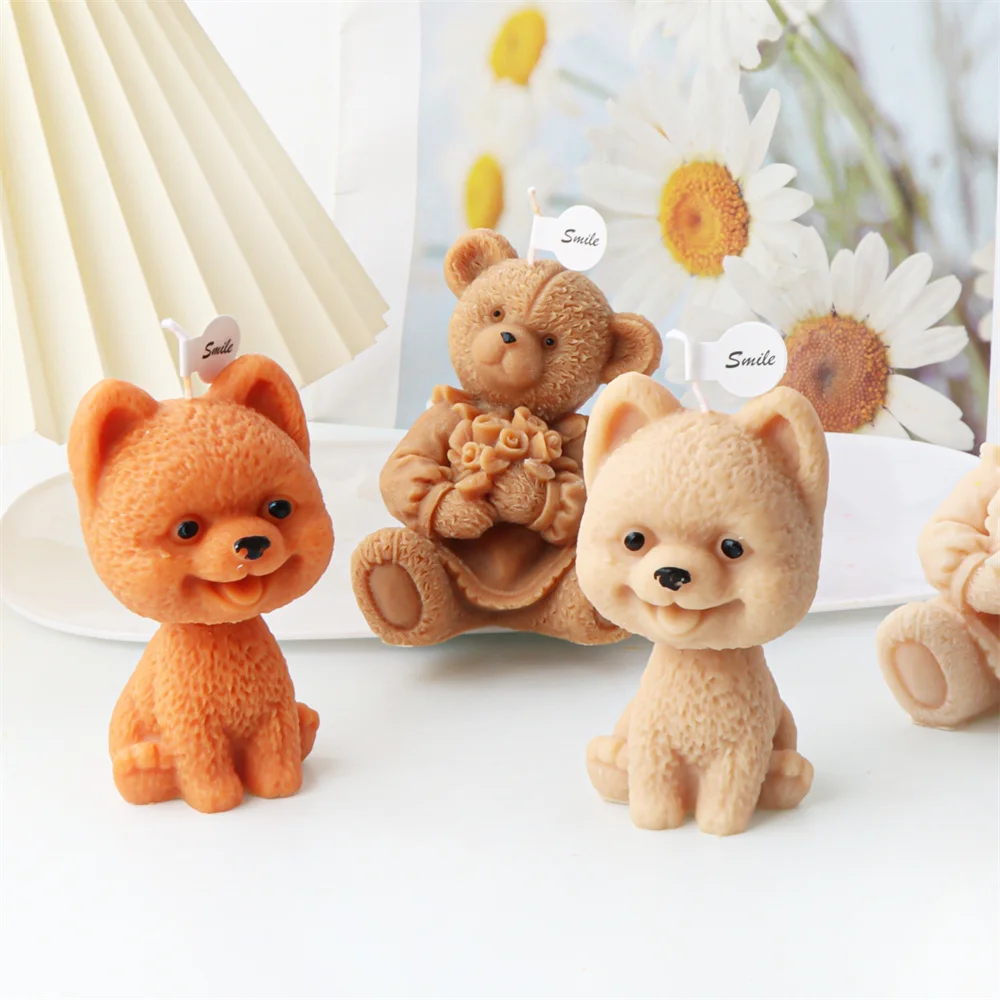 3D Flower Teddy Bear Candle Mold DIY Baby Bear Pomeranian Puppy Silicone Fondant Soap Making Mold for Cake Baking Topper Decor