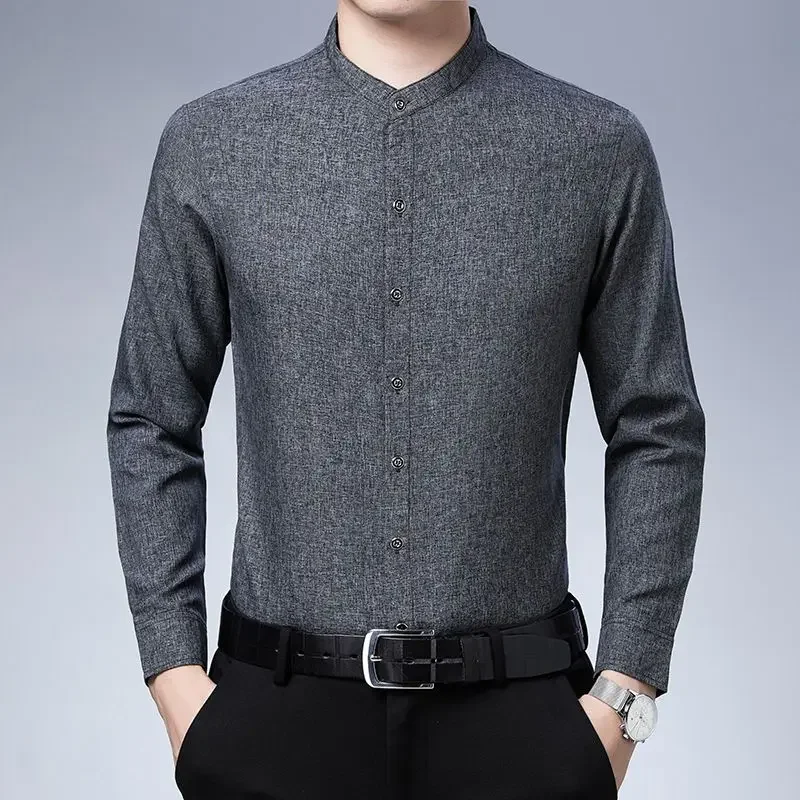 

Autumn Winter Long Sleeve Thin Chinese Stand Neck Shirt Men's Solid Button Business Versatile Cotton Short Sleeve Top JJ204