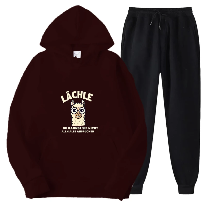 طقم هوديي أسود وعنابي مطبوع نص ألماني Dawakersimieden Mene Problem سويت شيرت غير رسمي سروال الزي للرجال والنساء St #5