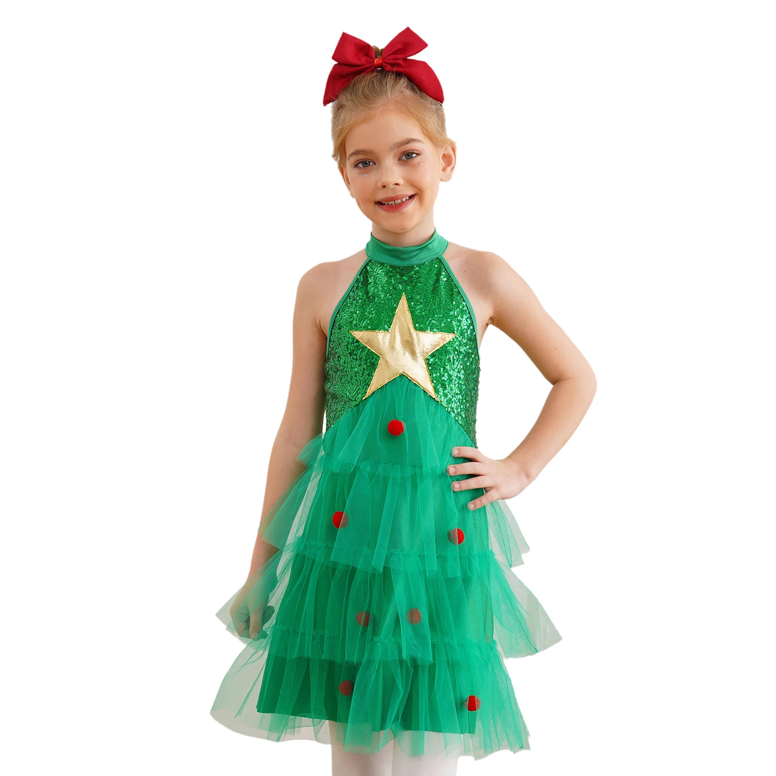 Kids Girls Christmas Costume Sleeveless Halter Tiered Sequin Mesh Patchwork Gold Star Pompoms Decorated Dress Christmas Costume