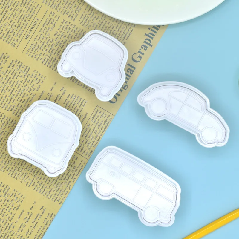 New 3D 4pcs Car Vehicle Bus Cookie Stamp Press Type Frosting Biscuit Cutter Cake Mold Baking Tool Mould Fondant Muffin Chocolate